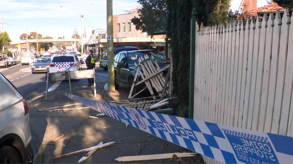 The stolen Volvo SUV after it ploughed into a fence on Coonans Road, Pascoe Vale South